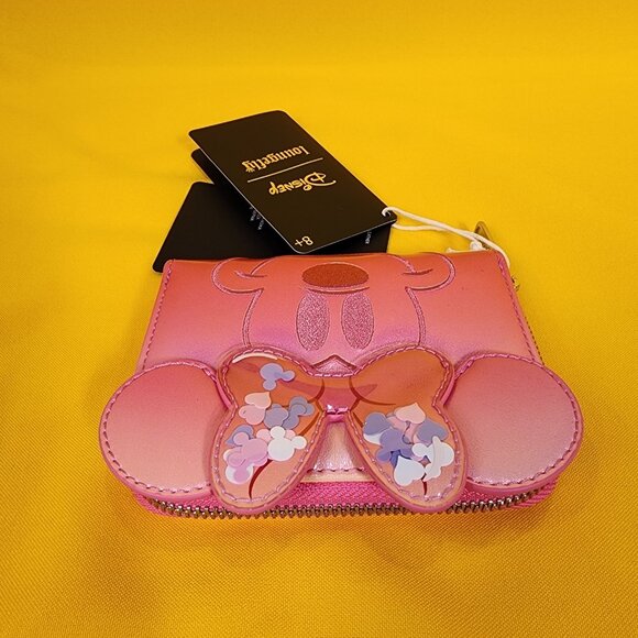 Loungefly Disney Minnie Mouse Pink Iridecent Ears Bow Confetti Zip Wallet NEW - Picture 10 of 13